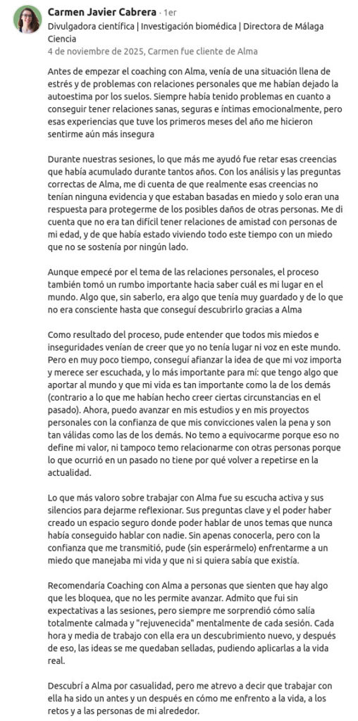Testimonial Carmen Javier Cabrera - Coaching Transpersonal y Ejecutivo con Alma Seidel