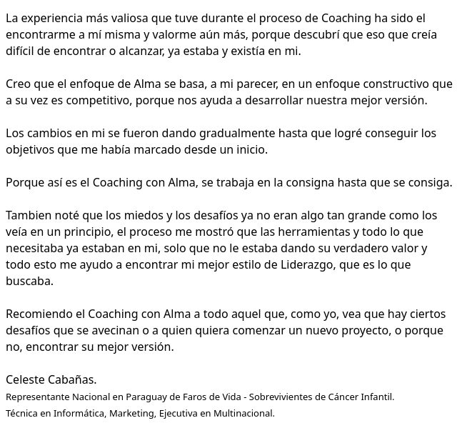 Testimonial Celeste Cabanas - Faros de Vida CCI - Coaching Ejecutivo con Alma Seidel