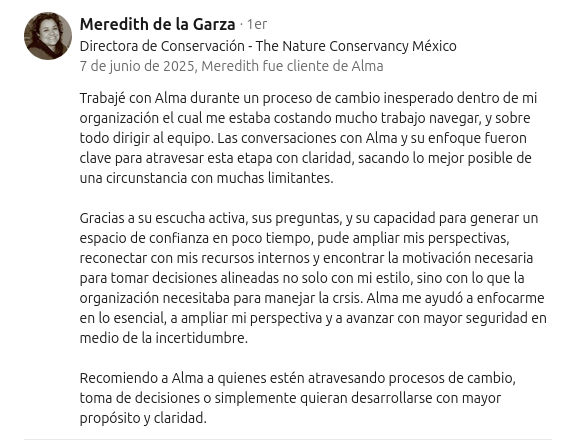 Testimonial Meredith LinkedIn - Coaching con Alma