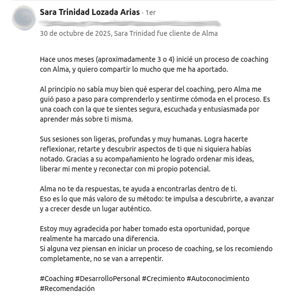 Testimonial Sara Trinidad Lozada Arias Faros de Vida CCI - Coaching con Alma Seidel