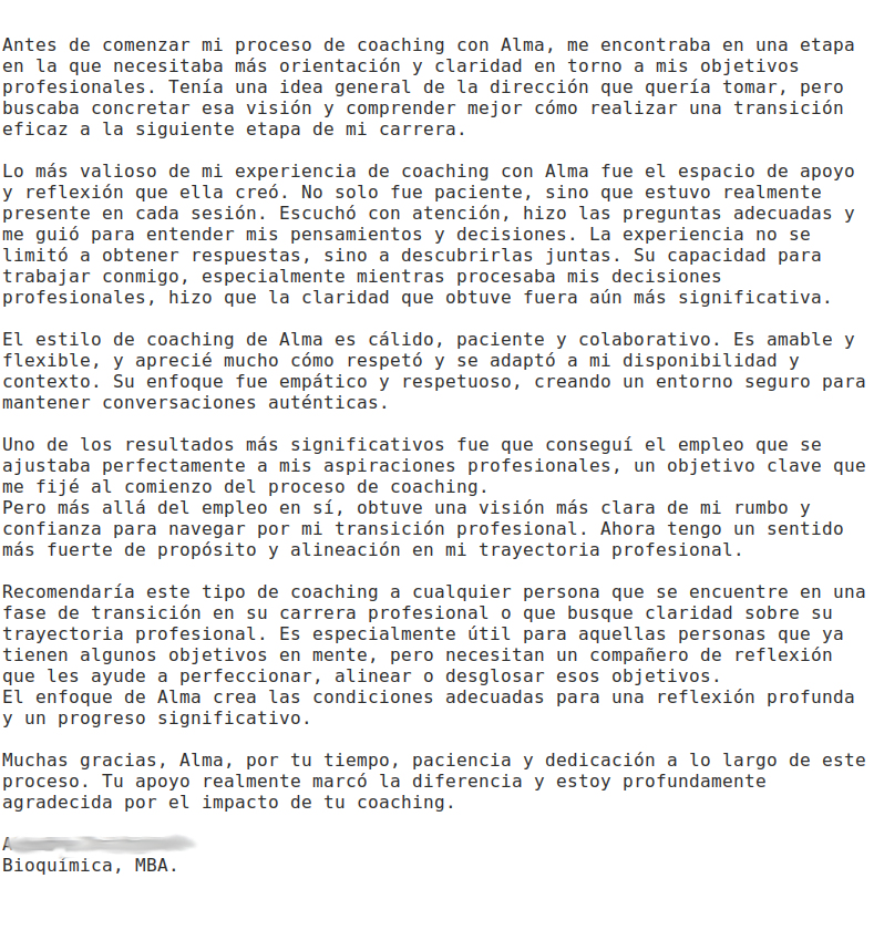 Testimonio Lic Bioquimica MBA - Coaching Ejecutivo y Transpersonal con Alma Seidel